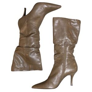 BRONX Chrissy Taupe Leather Slouchy Mid-Calf Pointed Toe Heeled Boots, Size 9M